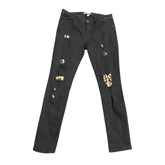 Judy Blue Black Distressed Leopard Patch Skinny Jeans Women's Size 15/32 - Picture 1 of 5